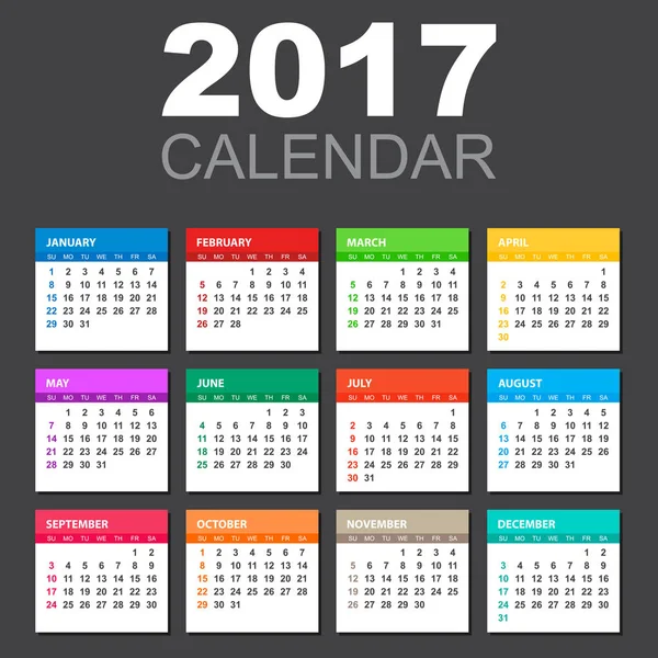2017 Calendario en estilo horizontal. Ilustración Vector plantilla de color 2017 calendario sobre fondo negro . — Archivo Imágenes Vectoriales