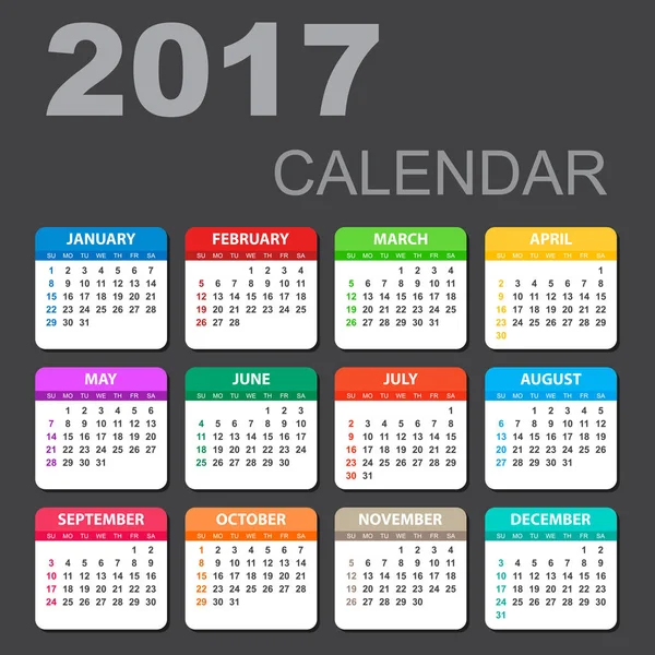 Calendrier 2017 dans un style horizontal. Illustration Modèle vectoriel de calendrier couleur 2017 sur fond noir . — Image vectorielle