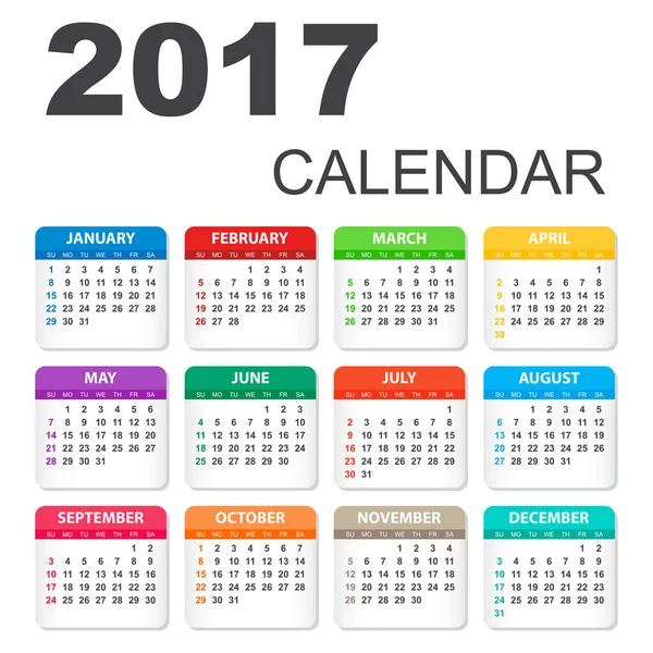 Calendrier 2017 dans un style horizontal. Illustration Modèle vectoriel de couleur 2017 calendrier sur fond blanc . — Image vectorielle