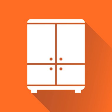 Dolap simgesi turuncu arka plan uzun gölge ile. İşletme, pazarlama, Internet için modern düz piktogram. Web sitesi tasarımı basit düz vektör simgesi.