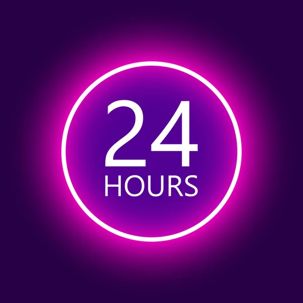 24 heures signe ouvert, illustration vectorielle de panneau d'affichage au néon violet — Image vectorielle