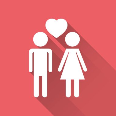 Vektör erkek ve kadın kalp simgesi ile uzun gölge ile. Modern düz piktogram. Web sitesi tasarımı basit düz simgesi.