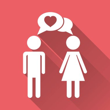 Vektör erkek ve kadın kalp simgesi ile uzun gölge ile. Modern düz piktogram. Web sitesi tasarımı basit düz simgesi.