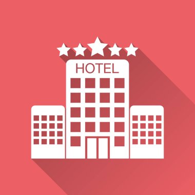 Hotel Icon uzun gölge kırmızı zemin üzerine izole. İş, pazarlama, Internet kavramı için basit düz piktogram. Web sitesi tasarımı ya da hareket eden app için trendy modern vektör simgesi.