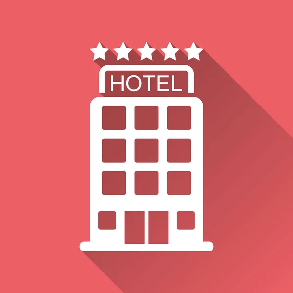 Hotel icon isolated on red background with long shadow. Simple flat pictogram for business, marketing, internet concept. Trendy modern vector symbol for web site design or mobile app. — Stock Vector