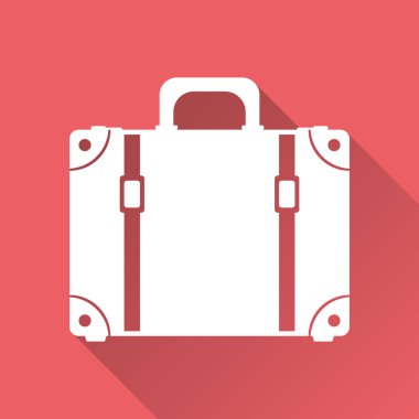 Bavul düz vektör çizim uzun gölge kırmızı zemin üzerine. Turizm, seyahat, gezi, Tur, yolculuk, yaz tatili için durum. 
