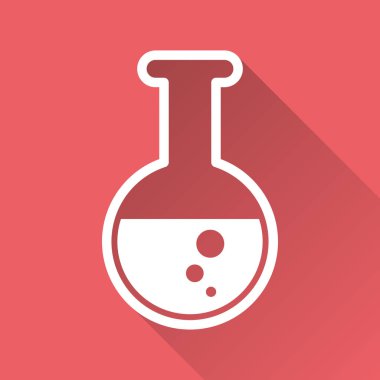 Kimyasal test tüpü sembol simge. Uzun gölge kırmızı zemin üzerine izole kimya laboratuar ekipmanları. Şişeler bilimsel deney için denemeler yapın. Modaya uygun modern vektör simgesi. Basit düz örnek