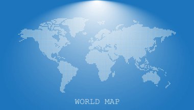 Noktalı boş beyaz dünya haritası üzerinde izole mavi arka plan. Dünya harita vektör Web sitesi, infographics, tasarım şablonu. Düz earth dünya harita yuvarlak nokta çizim ile.