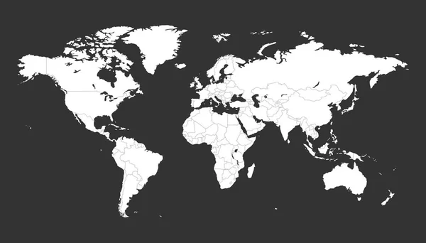 Leere weiße politische Weltkarte isoliert auf schwarzem Hintergrund. Weltkarte Vektorvorlage für Website, Infografik, Design. flache Erde Weltkarte Illustration. — Stockvektor