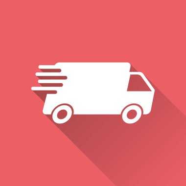 Teslimat kamyonu vektör çizim. Hızlı teslimat hizmeti nakliye simgesi. Basit düz piktogram için iş, pazarlama veya mobil app Internet kavramı uzun gölge kırmızı zemin üzerine.