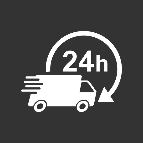 Szállítási teherautó 24h vektoros illusztráció. 24 órás gyors szállítási szolgáltatás szállítási ikonra. Egyszerű lapos piktogram, az üzleti, marketing vagy mobil app internet fogalom-fekete háttér. — Stock Vector