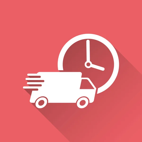 Camion 24h de livraison avec illustration vectorielle horloge. 24 heures service de livraison rapide icône d'expédition. Pictogramme plat simple pour entreprise, marketing ou application mobile concept internet sur fond rouge — Image vectorielle