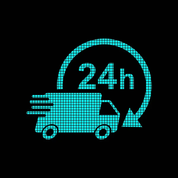 Livraison camion 24h avec horloge en style pixel logotype. 24 heures de livraison rapide service expédition vectoriel illustration logo. Pictogramme plat simple pour entreprise, marketing ou application mobile — Image vectorielle