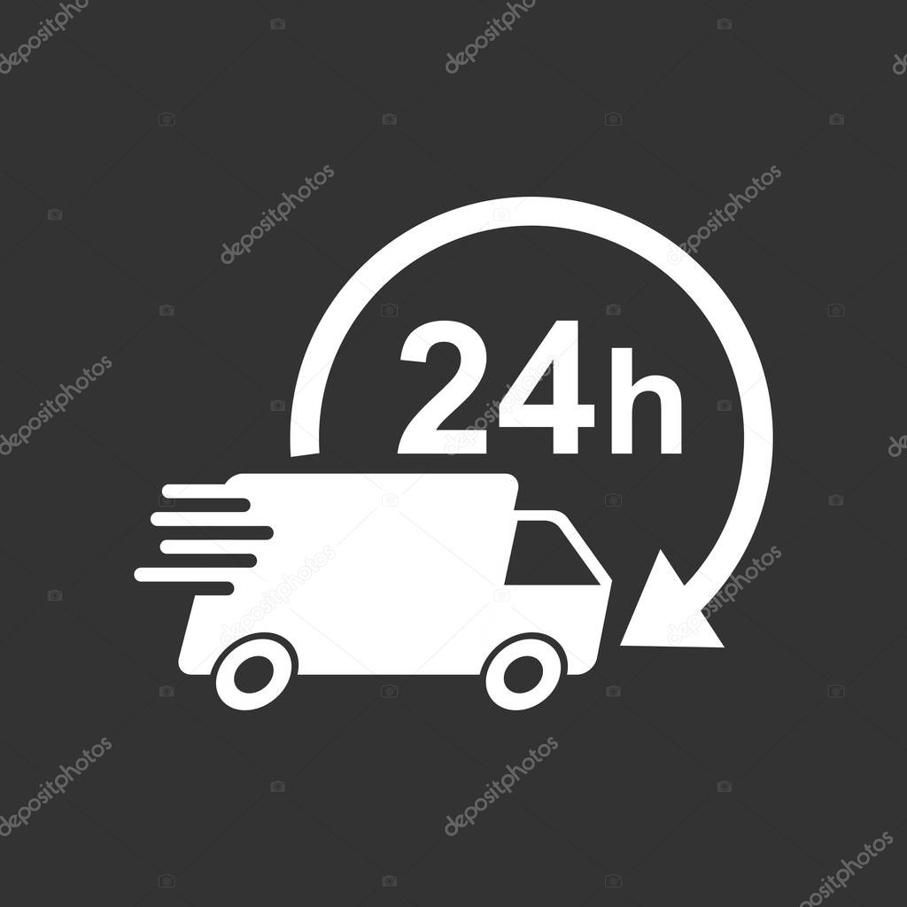 Delivery truck 24h vector illustration. 24 hours fast delivery service shipping icon. Simple flat pictogram for business, marketing or mobile app internet concept on black background.