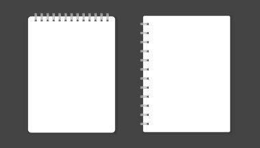 Gerçekçi şablon sarmal ile not etmek. Boş kapak tasarımı. Okul iş günlüğü. Ofis Kırtasiye defter siyah arka plan üzerine