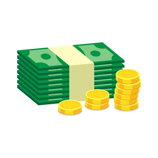 Pilhas de moedas de ouro e dinheiro em dólares. Ilustração vetorial em design plano sobre fundo branco — Vetor de Stock