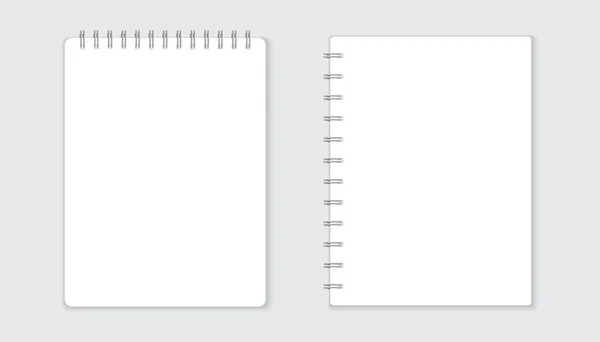 Realistiska mall anteckningar med spiral. Tom omslagsdesign. Skolan business dagbok. Office brevpapper anteckningsbok på vit bakgrund — Stock vektor
