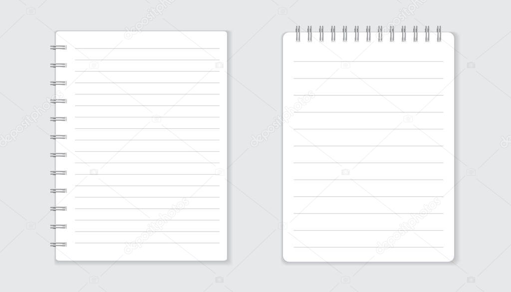 Realistic template notepad with spiral. Blank cover design. School business diary. Office stationery notebook on white background
