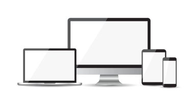 Gerçekçi aygıt düz simgeler: akıllı telefon, tablet, dizüstü bilgisayar ve masaüstü bilgisayar. Beyaz arka plan üzerinde vektör çizim
