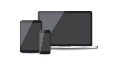 Gerçekçi aygıt düz simgeler: akıllı telefon, tablet, laptop. Beyaz arka plan üzerinde vektör çizim