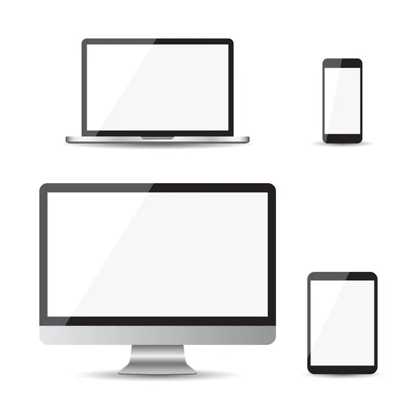 Dispositivo realista iconos planos: teléfono inteligente, tableta, ordenador portátil y de escritorio. Ilustración vectorial sobre fondo blanco — Vector de stock