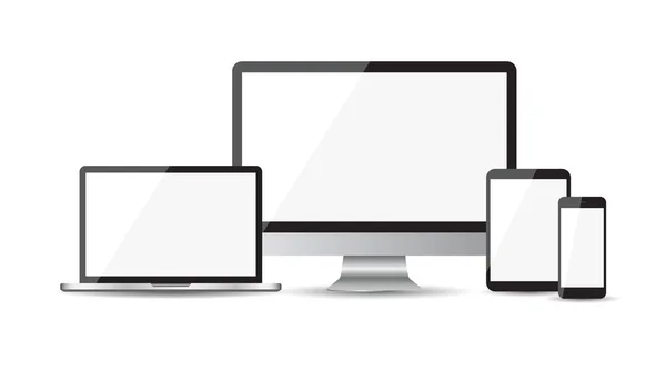 现实设备平图标︰ 智能手机、 平板电脑、 便携式计算机和桌面计算机。白色背景上的矢量图 — 图库矢量图片