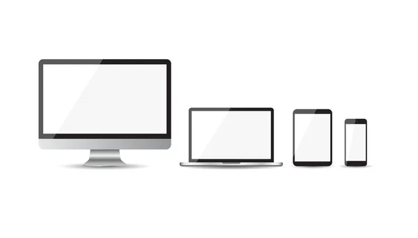 Realistische Geräte flache Symbole: Smartphone, Tablet, Laptop und Desktop-Computer. Vektor-Illustration auf weißem Hintergrund — Stockvektor