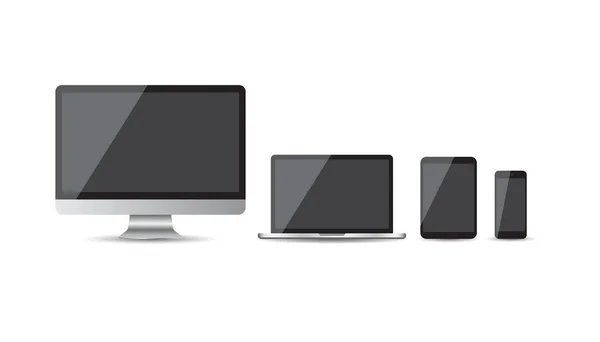 Realistische Geräte flache Symbole: Smartphone, Tablet, Laptop und Desktop-Computer. Vektor-Illustration auf weißem Hintergrund — Stockvektor