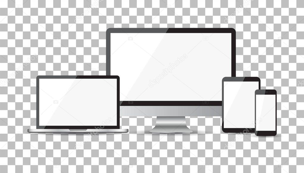 Realistic device flat Icons: smartphone, tablet, laptop and desktop computer. Vector illustration on isolated background
