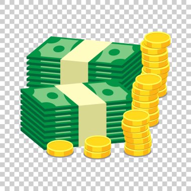 Küçük kasa ve altın sikke yığını ve Doları nakit yığınları kapalı. Vektör illüstrasyon izole arka plan üzerinde düz tasarım