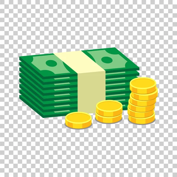 Closed small safe box and stacks of gold coins and stacks of dollar cash. Vector illustration in flat design on isolated background — Stock Vector