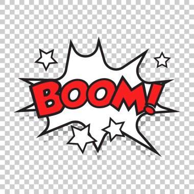 Boom komik ses efektleri. Vektör çizim ses kabarcık konuşma word ve komik karikatür ifade ile geliyor.