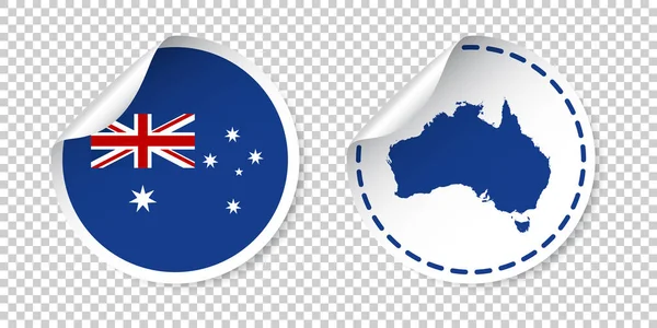 Austrália adesivo com bandeira e mapa. Etiqueta, etiqueta redonda com país. Ilustração vetorial sobre fundo isolado . —  Vetores de Stock