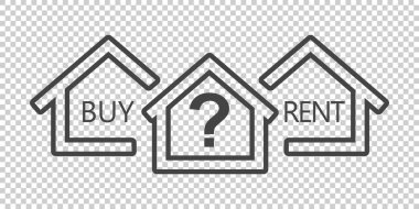 Satın alma ve çizgi stili ev kiralama arasında seçim kavramı. Siyah ev simgesini bir soru. Vektör illüstrasyon izole arka plan üzerinde düz tarzı.