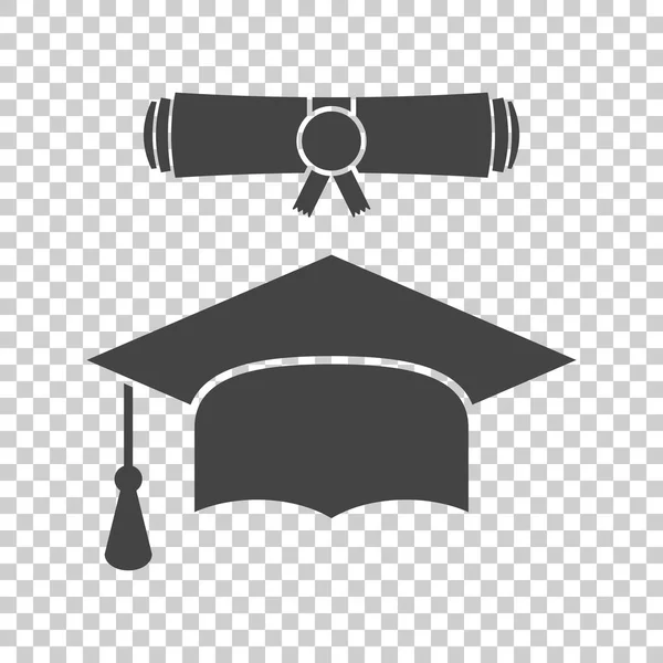 Graduation cap and diploma scroll icon vector illustration in flat style. Finish education symbol. Celebration element. Black graduation cap with diploma on isolated background. — Stock Vector