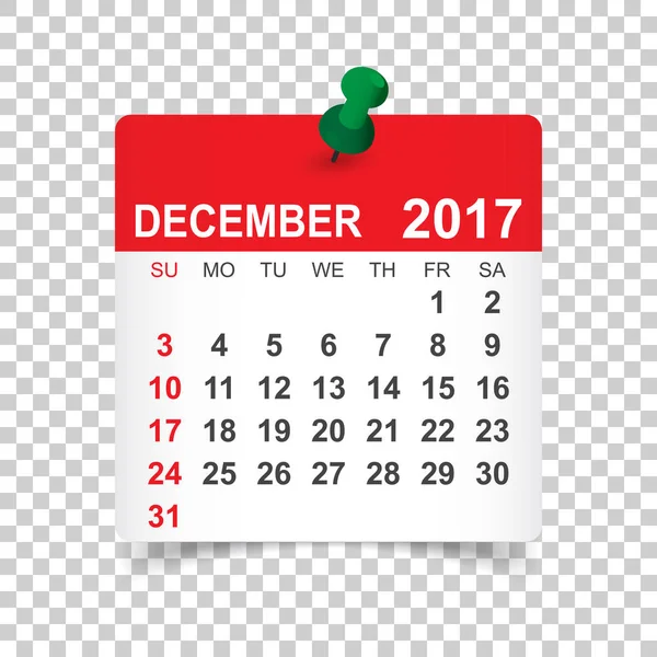 Dezembro de 2017. Ilustração do vetor do calendário — Vetor de Stock