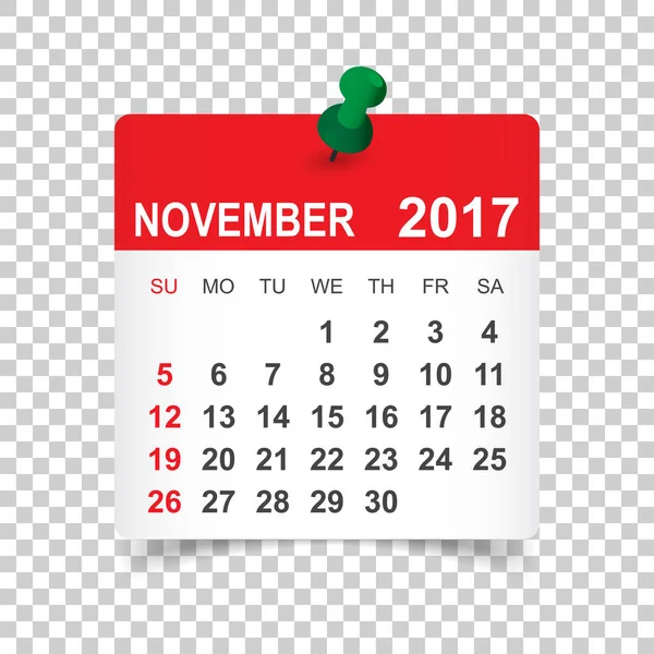 Listopada 2017. Ilustracja wektorowa kalendarza — Wektor stockowy