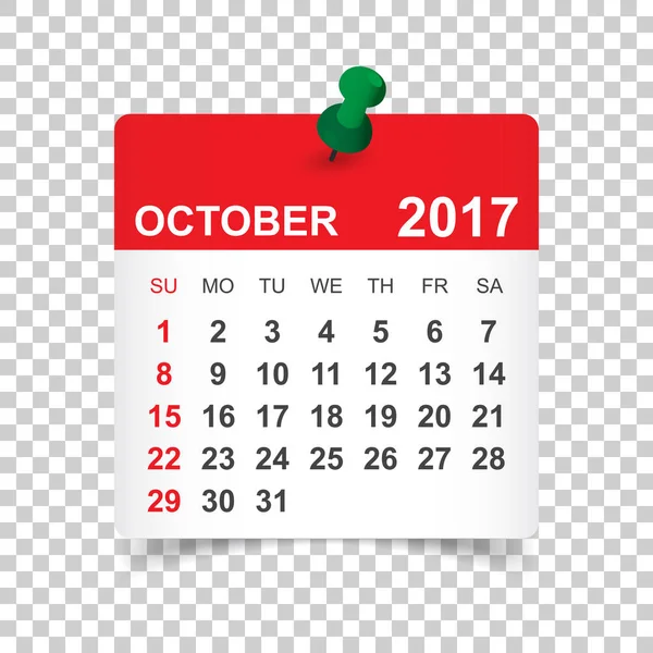 Octubre de 2017. Ilustración vector calendario — Vector de stock