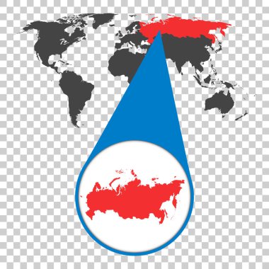 Dünya harita zoom Rusya ile. Büyüteç harita Rusya Federasyonu. Düz stil vektör çizim