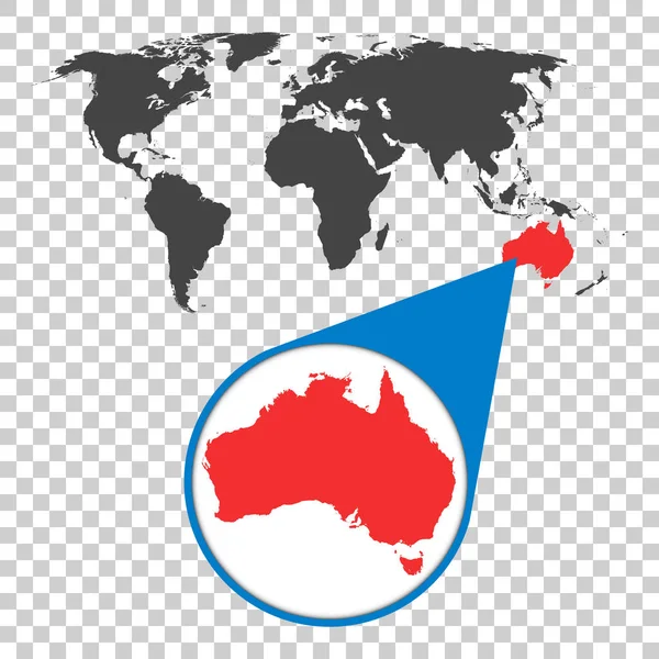 Världen karta med zoom på Australien. Karta i lupp. Vektorillustration i platt stil — Stock vektor