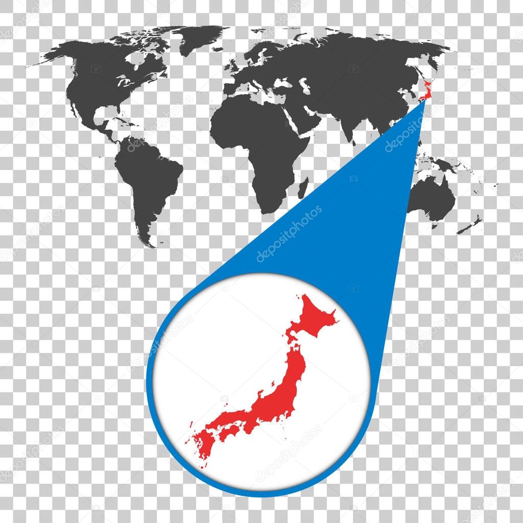 World map with zoom on japan map in loupe vector illustration in flat