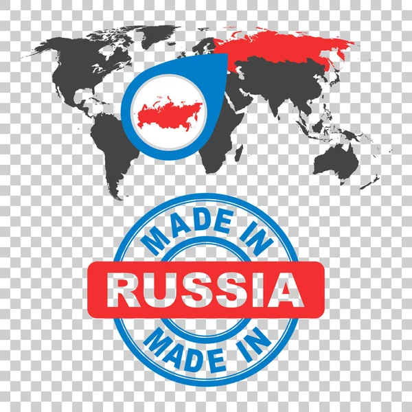 Hergestellt in russischer Briefmarke. Weltkarte mit rotem Land. Vektor-Emblem im flachen Stil auf isoliertem Hintergrund. — Stockvektor