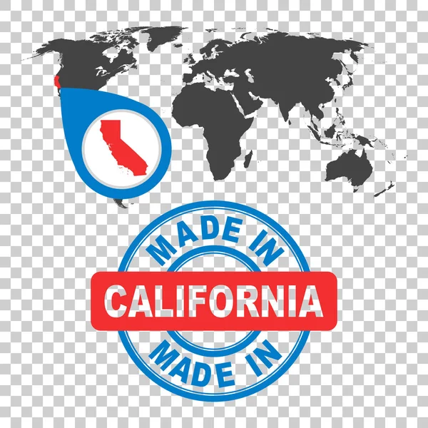 Hergestellt in Kalifornien, Amerika, USA Marke. Weltkarte mit rotem Land. Vektor-Emblem im flachen Stil auf isoliertem Hintergrund. — Stockvektor
