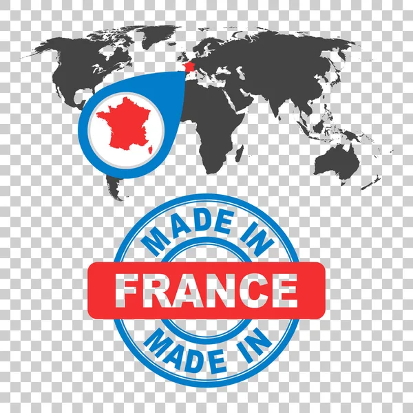 Hergestellt in Frankreich Marke. Weltkarte mit rotem Land. Vektor-Emblem im flachen Stil auf isoliertem Hintergrund. — Stockvektor