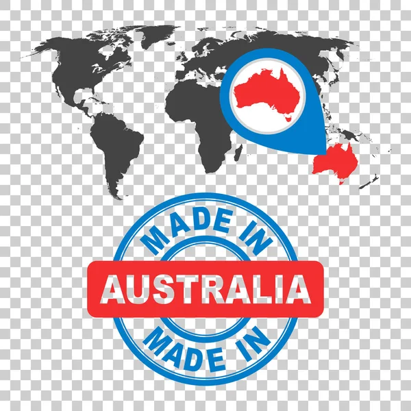 Feito na Austrália selo. Mapa do mundo com país vermelho. emblema vetorial em estilo plano no fundo isolado . — Vetor de Stock