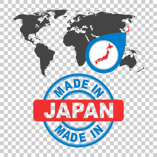 Made in Japan stamp. World map with red country. Vector emblem in flat style on isolated background. — Stock Vector