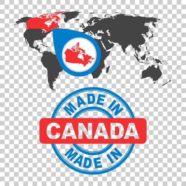 Sello fabricado en Canadá. Mapa del mundo con el país rojo. emblema vectorial en estilo plano sobre fondo aislado . — Vector de stock