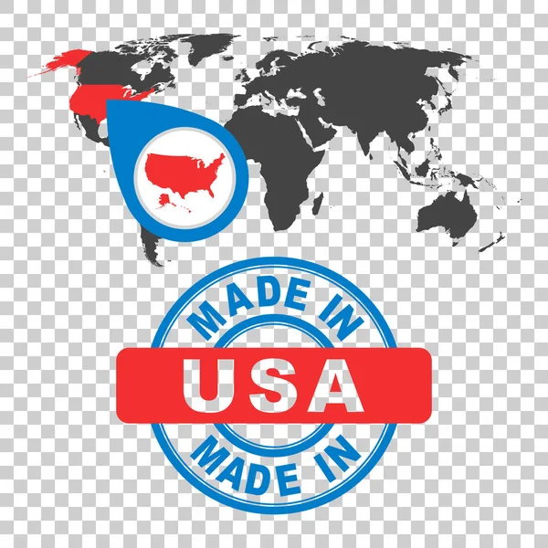 Feito nos EUA, selo da América. Mapa do mundo com país vermelho. emblema vetorial em estilo plano no fundo isolado . — Vetor de Stock