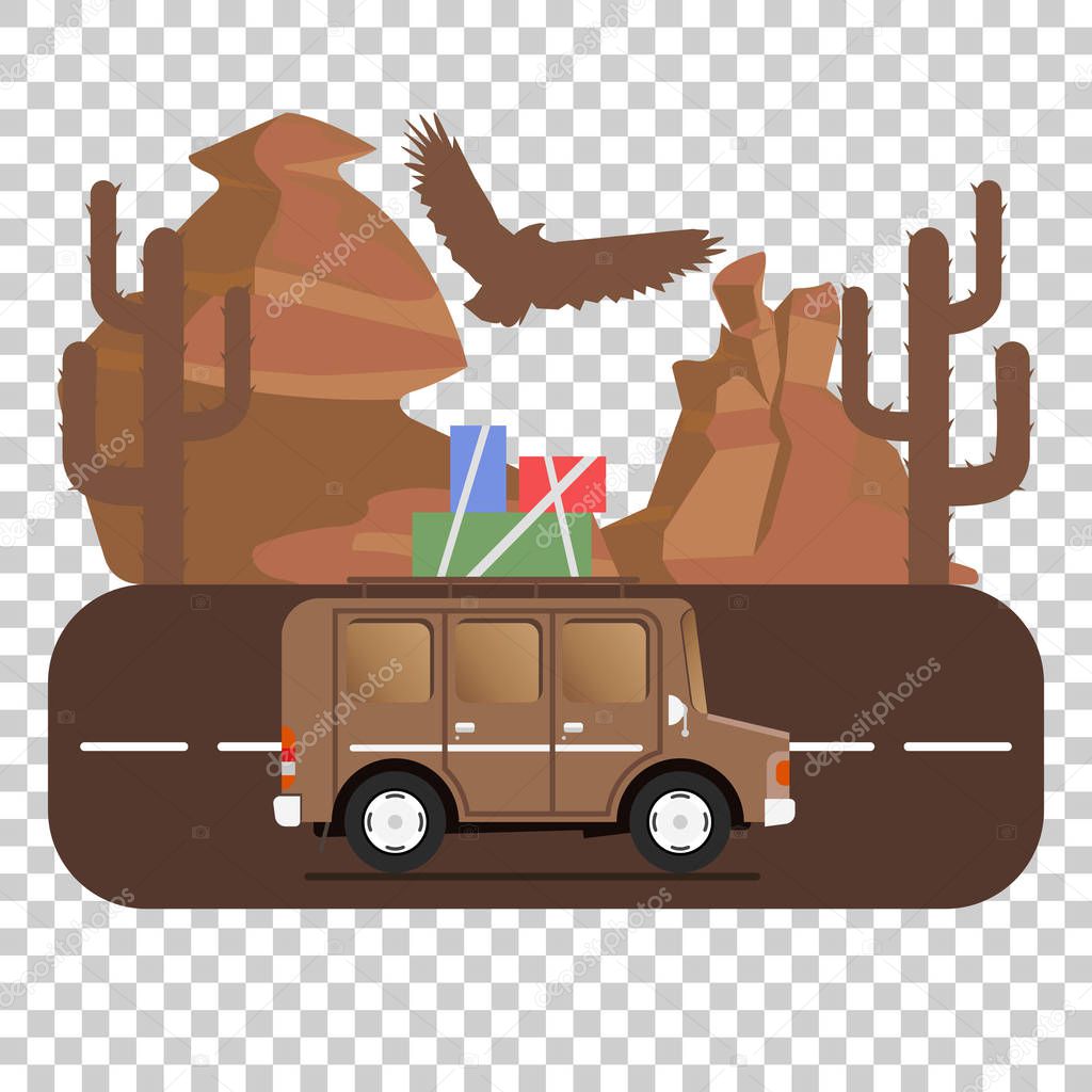 Travel car campsite place landscape. Mountains, desert, cactus, eagle and road. Vector illustration in flat style.
