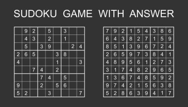 Sudoku oyunu ile yanıt. Çocuklar ve yetişkinler için numaraları ile vektör puzzle oyunu. Resimde siyah arka plan üzerine.